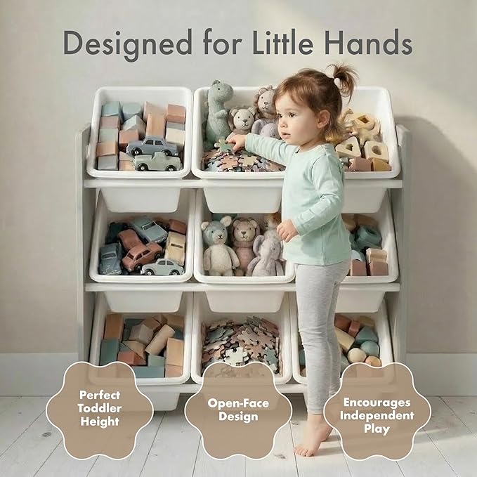 Humble Crew 9-Bin Toy Organizer – Inspire Grey with White Plastic Bins, 3-Tier Storage Solution for Kids' Playrooms and Nurse