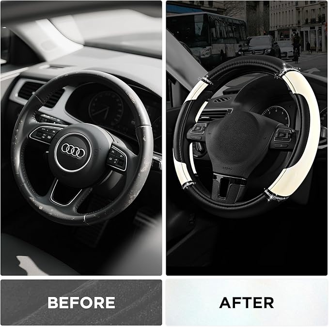 Road Comforts Leather Steering Wheel Cover - Made with PVC Leather - Anti-Slip, Universal Fit 14 1/2 inches to 15 inches - Wh
