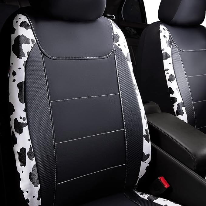 Flying Banner car seat Covers Protects Water Proof Faux Leather Carbon Fiber Fronts Rear Bench Covers (Cow Black, Full Set - 