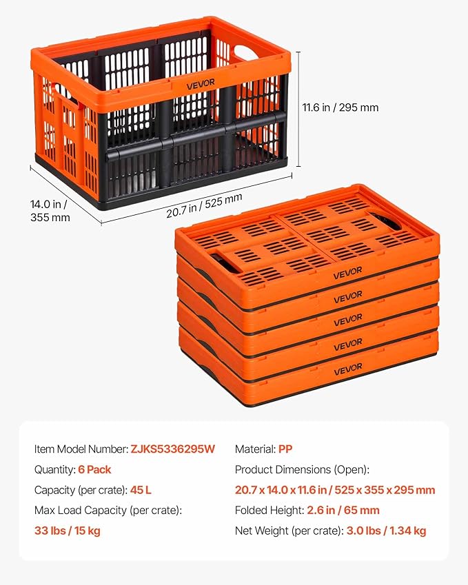 VEVOR Plastic Collapsible Storage Bins, 45L 6 Packs, Stackable Folding Storage Crates with Handles, Holds 33 lbs Per Bin, Fol
