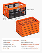 VEVOR Plastic Collapsible Storage Bins, 45L 6 Packs, Stackable Folding Storage Crates with Handles, Holds 33 lbs Per Bin, Fol