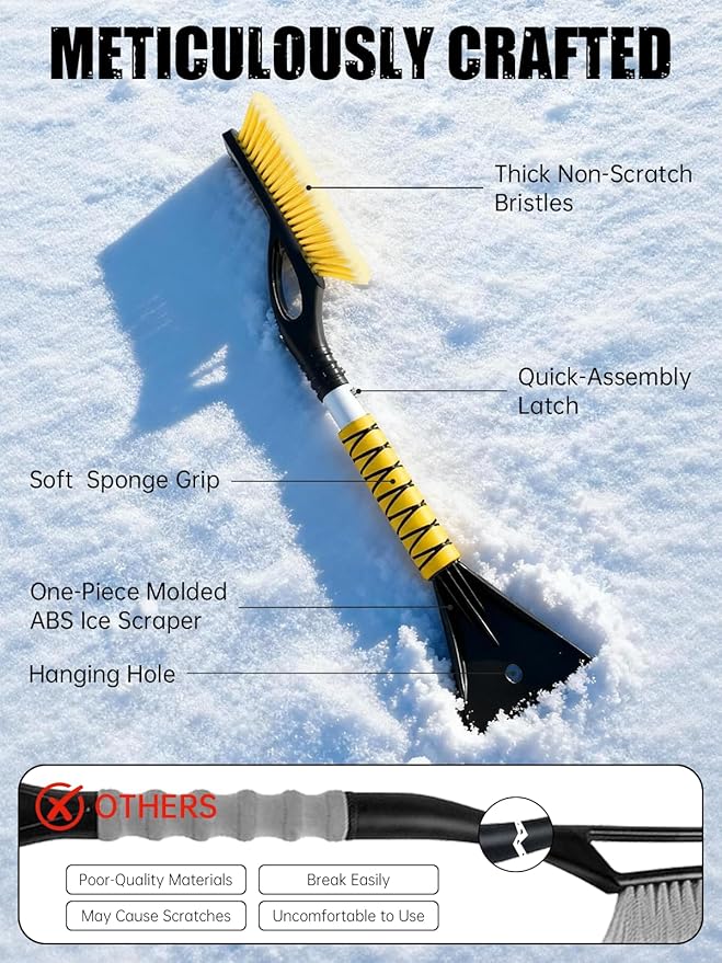 MIKKUPPA 27'' Snow Brush and Ice Scrapers for Car Windshield - Detachable Windshield Scraper, Snow Removal Tool with Ergonomic Foam Grip for Cars, Trucks, SUVs (Yellow, 2 Pack)