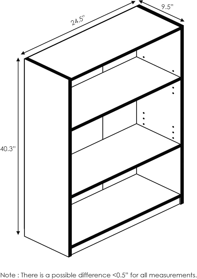 Furinno JAYA Book Shelf, 3-Tier Bookshelf, Bookcase with Adjustable Shelves, 9.5 x 24.5 x 40.3, for Organization and Storage,