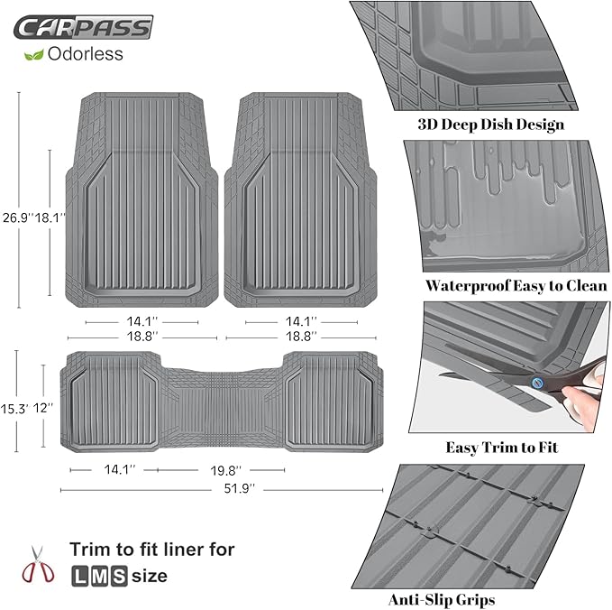 CAR PASS Heavy Duty Rubber Floor Mats for Car, Waterproof Liner Deep Dish Car Mats Full Sets, Universal Trim to Fit for SUV Truck Sedans Vans, All Weather Automotive Floor Mats 3pcs, Solid Gray
