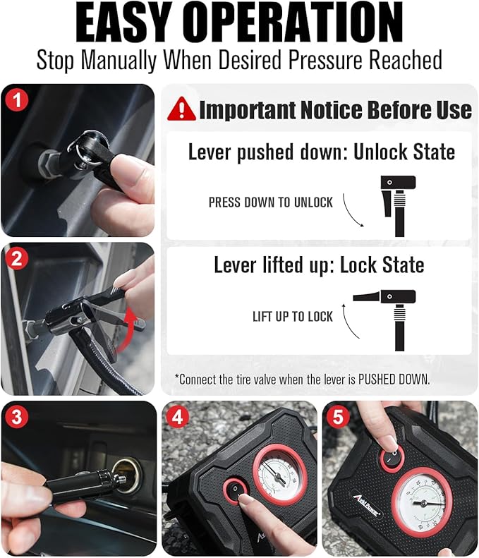 AVID POWER 12V Tire Inflator Portable Air Compressor, Portable Car Air Pump w/Display Gauge and LED Light, Air Pump for Car Tires, Bike, Motorcycle, Compact, Lightweight (Red)