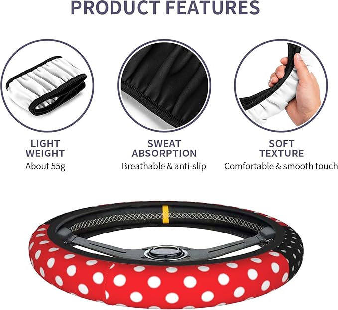 Cute Red Polka Dots Steering Wheel Cover for Women,Universal Fit 14-15 inch, Fashion Automotive Interior Decorative,with 2 Pa