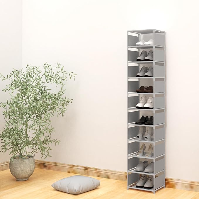 10 Tier Vertical Shoe Rack - Grey Narrow Shoe Rack for Closet & Entryway, Space Saving Tall Shoe Organizer for Small Spaces, 