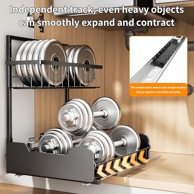 Under Sink Organizer, 2-Tier L-Shaped Pull Out Cabinet Shelf with 2 Installation Methods, Adjustable Sliding Storage Drawer f