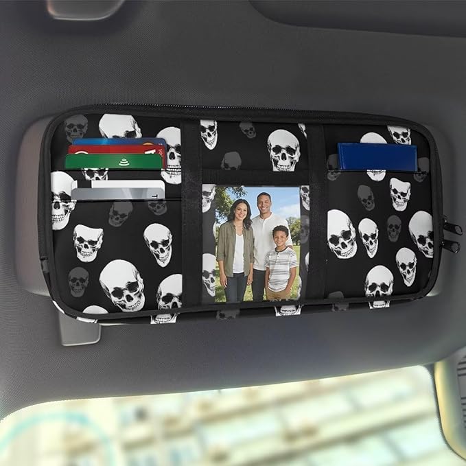 Skull Zippered Car Sun Visor Organizer Bling with Adjustable Straps and Multi-Pocket Car Visor Storage Accessories with Picture Holder Easy Installation Universal Fit for Most Cars SUV