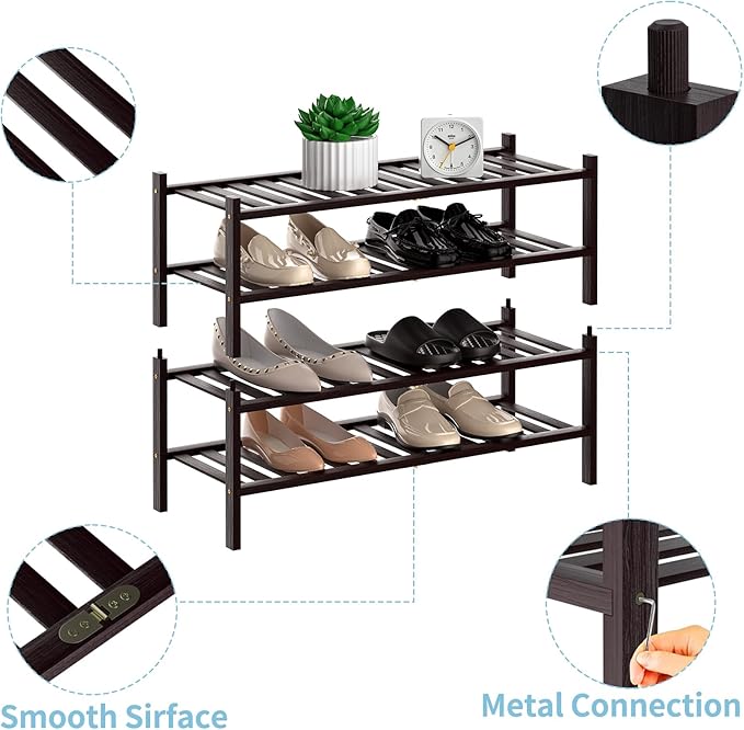 RONGJlA 4 Tier Bamboo Shoe Rack for Closet Free Standing Wood Shoe Shelf Storage Organizer for Entryway Small Space Stackable