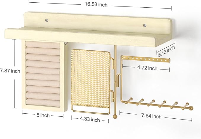 SOLIMINTR Hanging Jewelry Organizer Wall Mount with Rustic Wood Shelf, Ring Display Box, Ear Studs Earring Holder, Rotating N