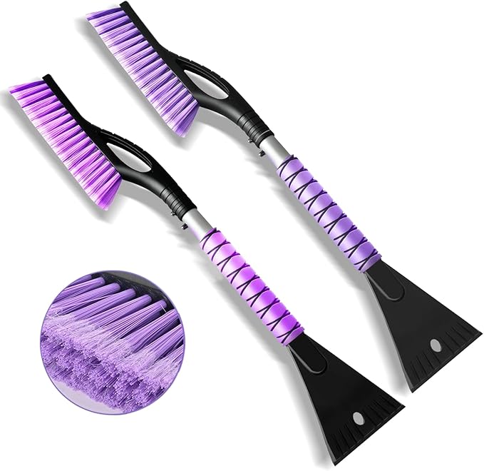 27” Snow Brush and Detachable Ice Scraper for Car Windshield, Car Snow Scraper and Brush Set, Ergonomic Foam Grip,Suitable for Cars SUVs and Trucks Vehicle(Aluminum Structure, PVC Brush, Purple 2 PC)