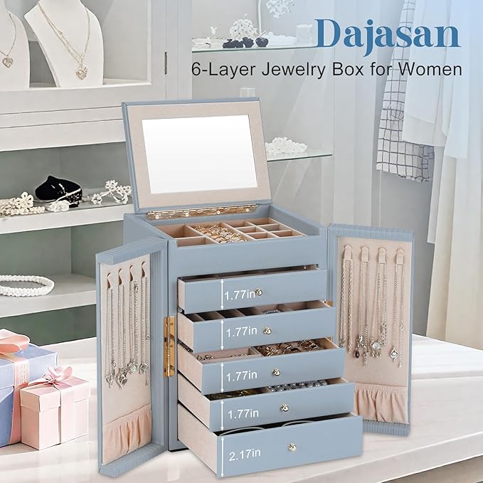 Dajasan Large Jewelry Organizer Box with Mirror, Jewelry Storage Organizer with 5 Drawers, 6-Tier Jewelry Gift Box for Women,