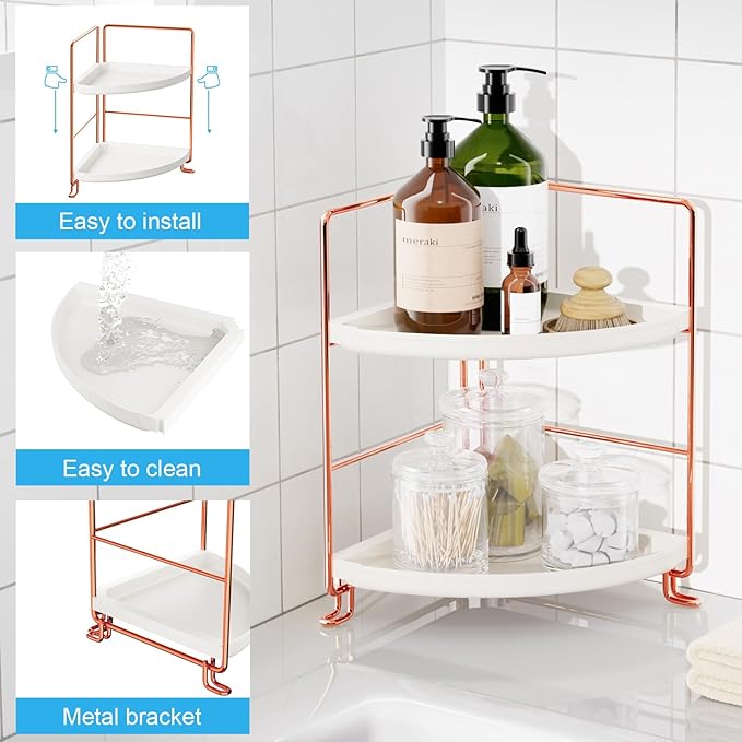 FSyueyun 2-Tier Corner Bathroom Counter Organizer, Tool-Less Installation Vanity Shelf Small Plastics Countertop Makeup Tray 