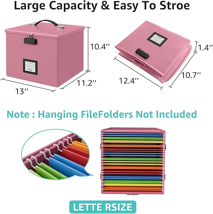 Pink Fire Proof File Box for Documents - Portable Fireproof Document Organizer Box with Handle Waterproof Safe Locking Folder