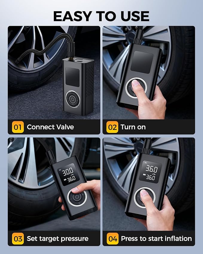Tire Inflator Portable Air Compressor with Type-C Charging, Digital Pressure Gauge, LED Light, Smart Air Pump for Car, Motorcycle, Bike, Ball