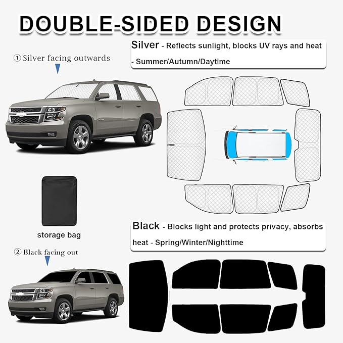 KMF 8pcs Thicken Full Sun Shades for Chevy Tahoe 2015-2020 Accessories, Chevrolet Car Window Covers Sunshade for Windshield Side Rear, UV Block and Privacy Blackout for Car Camping Outdoor