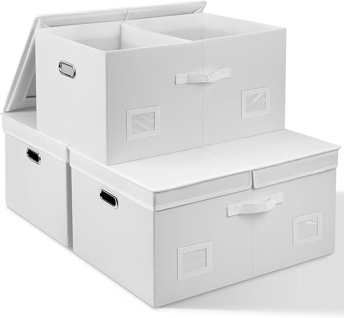 Graciadeco 75 Quarts Extra Large Decorative Storage Bins with Lids, 3 Packs White Collapsible Storage Bins with Lids, Stackab