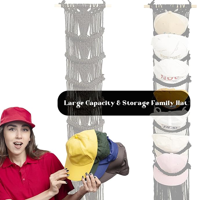 jontell Ball Cap Holder-1 Pack/Up to 14 Caps-Hat Organizer for Baseball Caps Display, Macrame Hat Rack for Wall, Boho Handmad