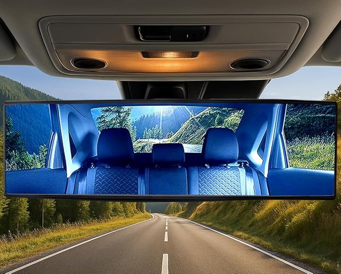 10.6" ICBEAMER Clip On Rear View Mirror | Flat Blue Tint, Panoramic Wide Angle HD Glass, Anti Glare, Universal Fit for Car, SUV, Truck | Eliminates Blind Spots (1 Pack)