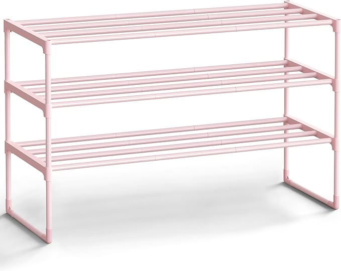 SONGMICS Shoe Rack, 3-Tier Shoe Organizer, Metal Storage Shelf, Upright or Upside Down, for 16-20 Pairs, Stackable, for Entry