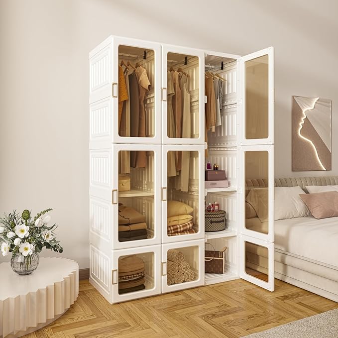 ANTBOX Portable Wardrobe Closet Storage Organizer for Clothes,Transparent Door Panels,Suitable for Living Room, Bedroom,Plast