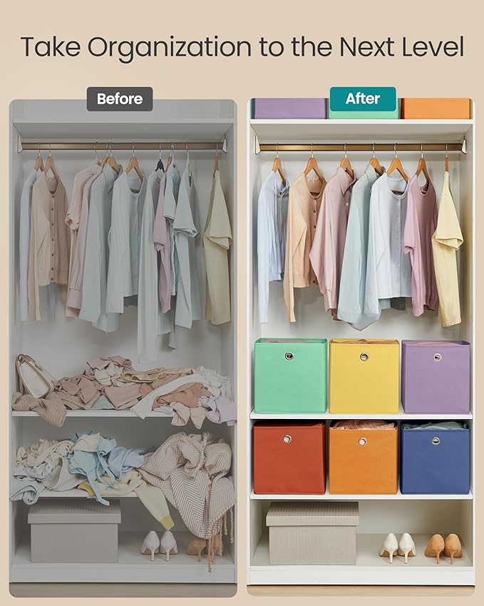 SONGMICS Storage Cubes, Set of 6 Odorless Foldable Storage Boxes, 10.2 x 10.2 x 11 Inches, Closet Organizers for Shelf, Rainb