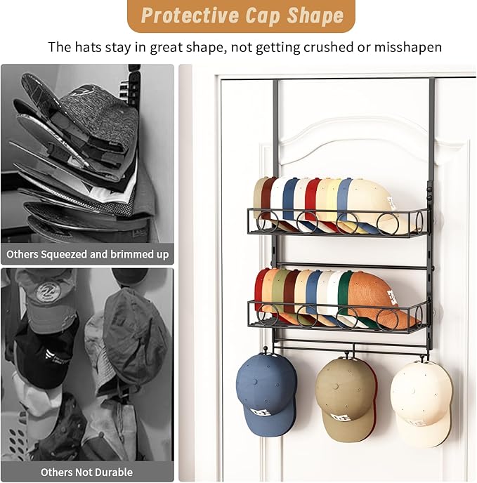 Over Door Hat Organizer 3 Tier Wall Mounted Hat Rack with 2 Adjustable Metal Basket and 3 Hooks Hat Organizer for Baseball ca