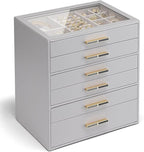 Vlando 6 Layer Jewelry Box for Women, Glass Lid Jewelry Organizer with 6 Drawers for Necklaces Rings Earrings Bracelets - Gre