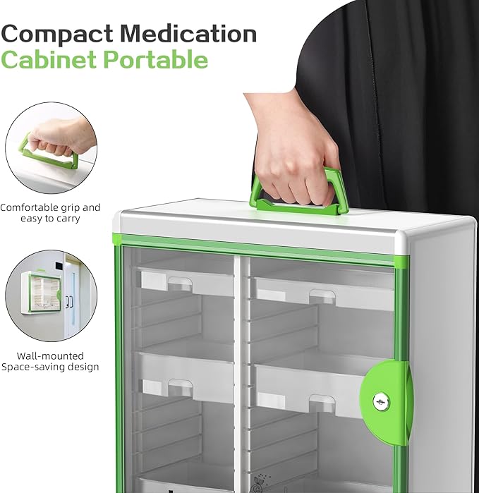 Glosen Medicine Cabinet with Key Wall Mounted Medication Lock Box 【 Green 15x 6.7 x 13 Inch】 Portable Storage Container Big C