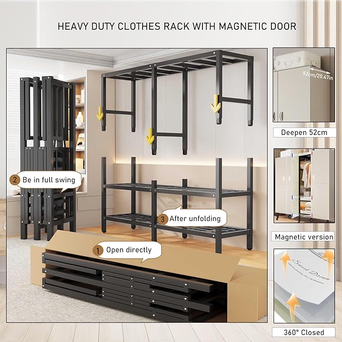 Foldable Portable Wardrobe On Wheels, Freestanding Garment Rack, with Magnetic Door 2000lbs, Heavy Duty Clothes Rack, for Bed