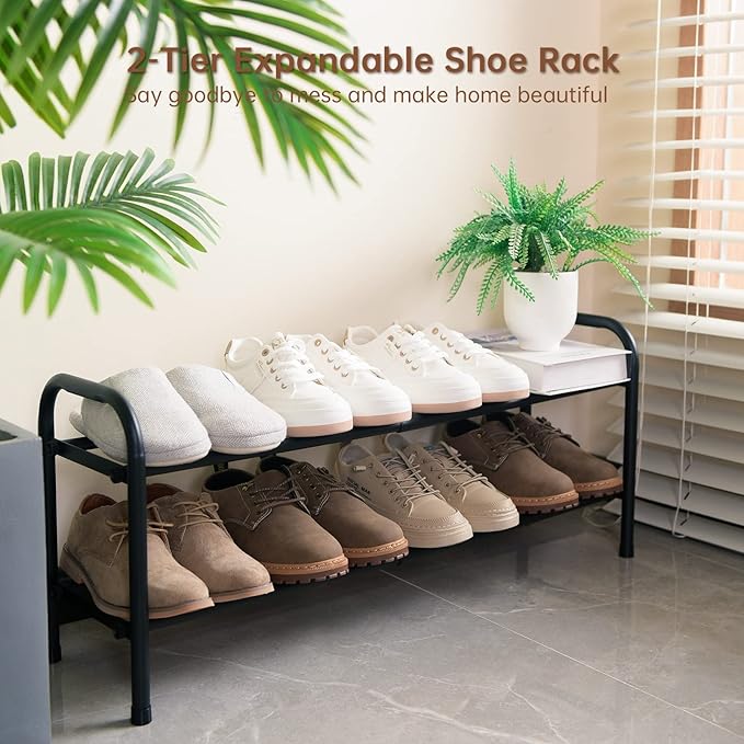 Gonfoam 2-Tier Expandable Shoe Rack,Adjustable Shoe Shelf Storage Organizer Heavy Duty Metal Free Standing Shoe Rack for Entr