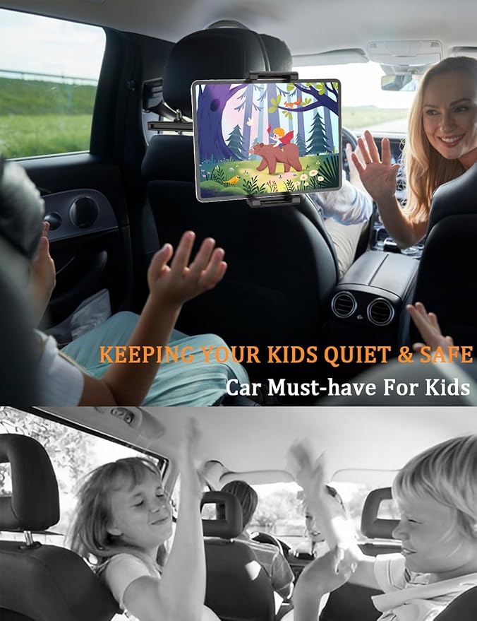 Car Headrest Tablet Holder, [Adjustable Extension Arm] Back Seat Tablet Mount with Foldable Wide Clip, Essential for Kids Travel, for iPad Pro 13, Air, Mini, Galaxy Tab, Fire, 5.5-15.6" Devices