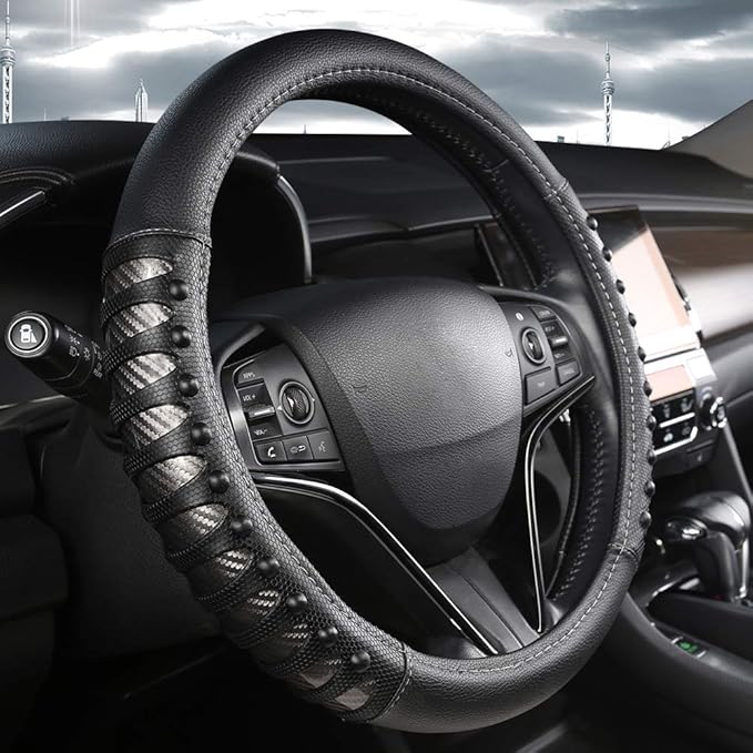 West Llama Microfiber Leather Car Steering Wheel Cover for Men Women,Universal Fit 14.5-15 inch(Leather Nails-Gray+Black-Stan