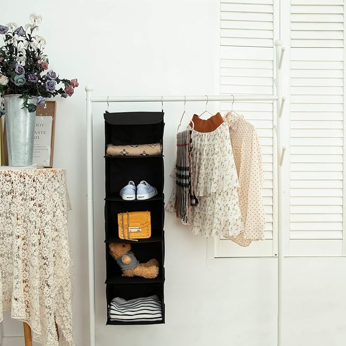 BrilliantJo 2 Pack Hanging Closet Organizer, 5 Shelves Hanging Storage with 6 Side Pockets for Clothes Shoes, 43"x12"x12"(Bla