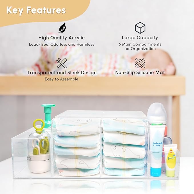 Diaper Caddy Acrylic, Baby Changing Table Organizer, Dresser Tabletop Organizer with 4 Detachable Compartments, Storage for W