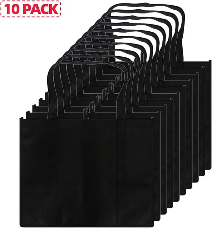 DIOMMELL Set of 10 Reusable Grocery Bags Extra Large Foldable Heavy Duty Shopping Tote Produce Bag with Reinforced Handles, Black