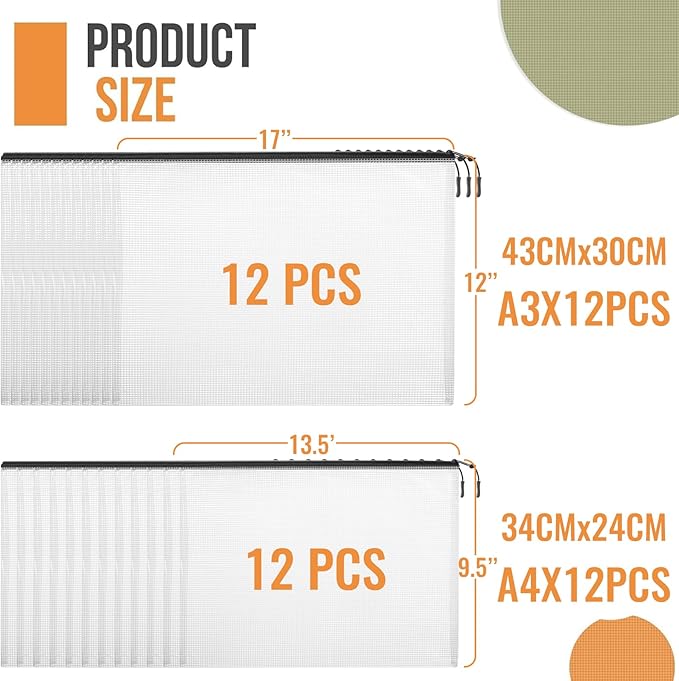 24pcs A4 Mesh Zipper Pouch File Bags, 12pcs Large A3 and 12pcs Letter A4,Black Reusable Zipper Bags for Organizing Storage, W