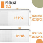 24pcs A4 Mesh Zipper Pouch File Bags, 12pcs Large A3 and 12pcs Letter A4,Black Reusable Zipper Bags for Organizing Storage, W