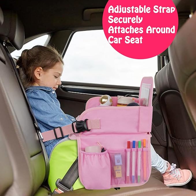 MENZOKE Kids Travel Tray, Car Seat Table Tray, Road Trip Essentials with Educational Drawing Board, Tablet Holder & Cooler Cu