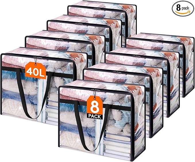 Lifewit 8 Pack Clear Clothes Storage Bags, 40L Plastic Blanket Storage Bag, Vinyl Foldable Moving Bags with Zipper, Closet Or