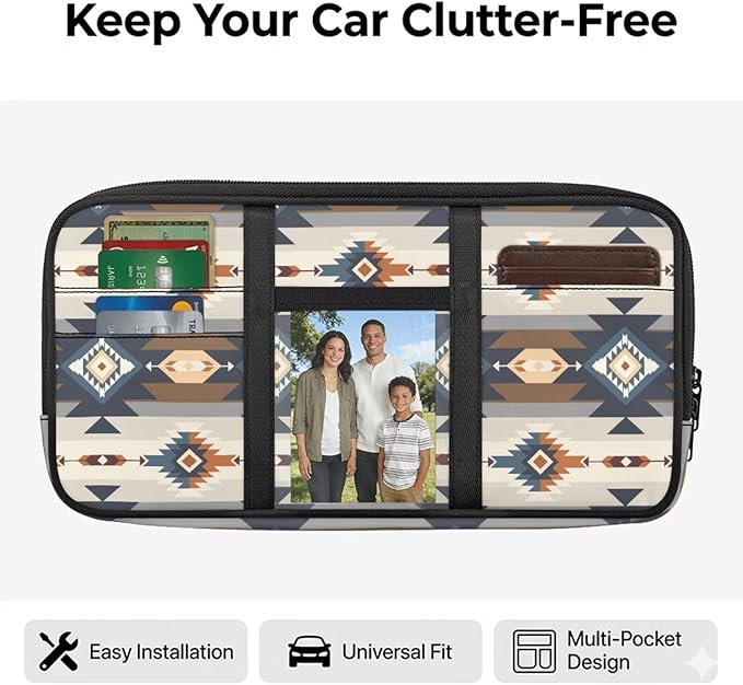 Geometric Zippered Automotive Sun Visor Organizer with Adjustable Straps and Card Holder Sun Visor Multi-Pocket Organizer with Picture Frame Easy Installation Universal Fit for Most Cars Suv