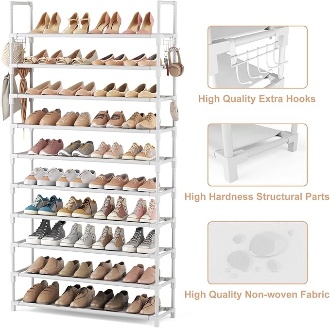 VTRIN 10 Tiers Shoe Rack Tall Large Capacity Wide Shoe Organizer Sturdy Shoe Shelf for Entryway with Two Hooks Metal Shoe Sto