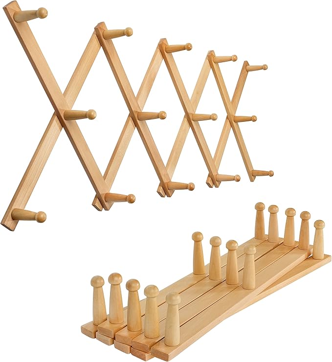 SKOLOO Hat Rack for Wall with 14 Hooks, Pack of 2, Solid Wooden, Modern, Expandable Coat Rack Wall Mount for Coats, Hats, Bag