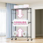 M MZG Heavy Duty Rolling Garment Rack 3 Tiers Adjustable Wire Shelving Clothes Rack with 2 Rods and Side Hooks,Storage Closet