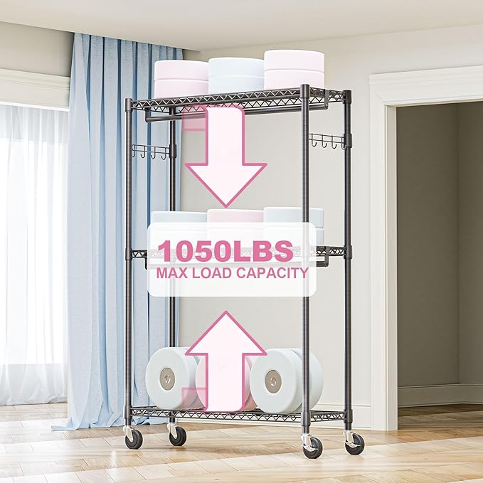 M MZG Heavy Duty Rolling Garment Rack 3 Tiers Adjustable Wire Shelving Clothes Rack with 2 Rods and Side Hooks,Storage Closet