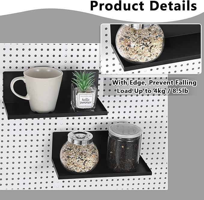 Kokone 6 Pack Magnetic Pegboard Shelves with Lip Around The Edge, 10x4.3 Inch Metal Peg Board Shelves Accessories for Storing