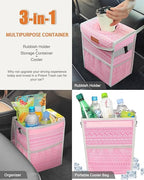 Car Trash Can with Lid, Cute Leakproof Car Trash Garbage Bag Hanging Vehicle Trash Bin Small Portable Automotive Garbage Cans Organizer for Back/Front Seat/Console(Trapezoid,Pink Print)