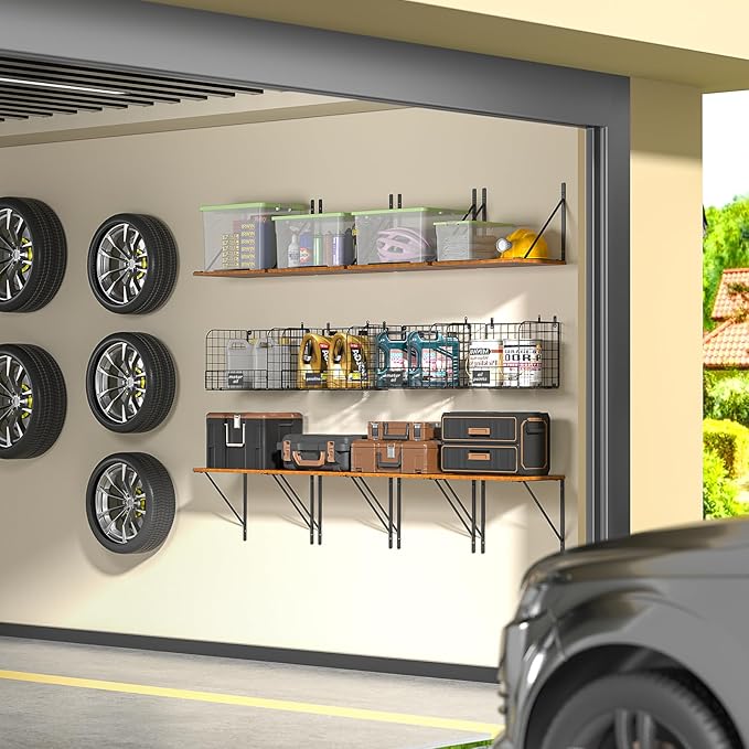 ThreeHio 2 Pack Garage Shelves Wall Mounted with Wire Storage baskets, Heavy Duty Garage Wall Shelving with Hooks, Wooden flo
