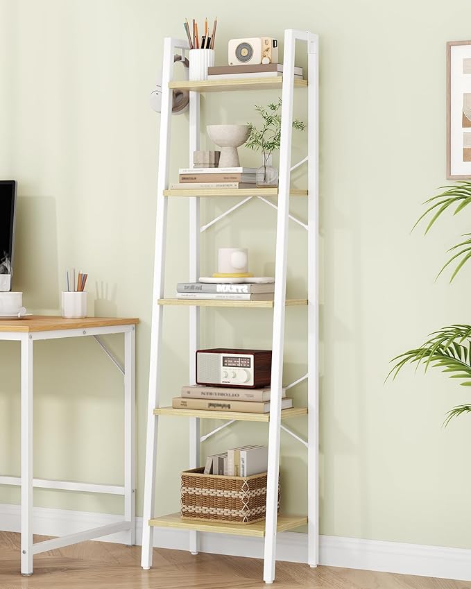Hzuaneri Ladder Shelf, Bookshelf Bookcase, Freestanding Corner Storage Shelve with 2 Hooks for Home Office, Living Room, Kitc